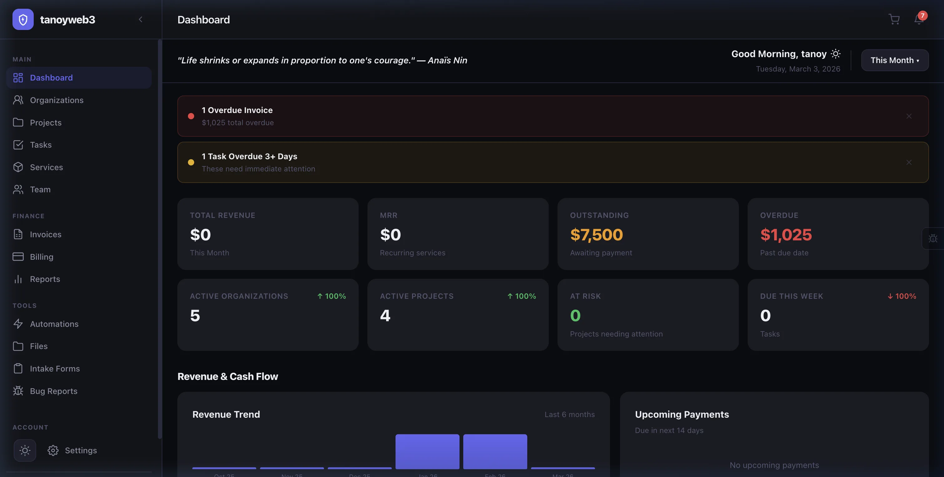 Client self-service portal with projects, tasks, invoices, and service catalog