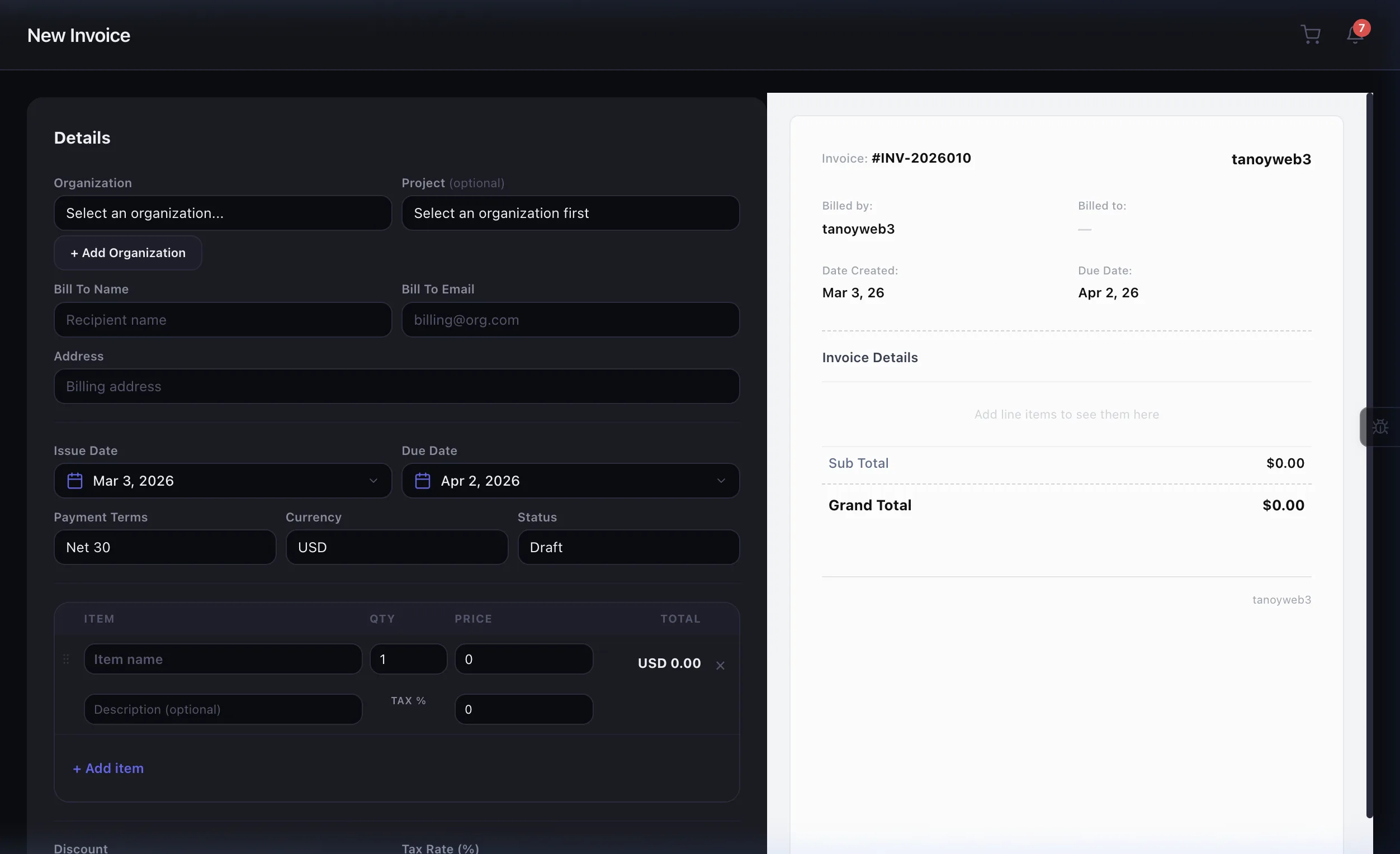 Invoice creation form with line items, tax, discounts, and live preview