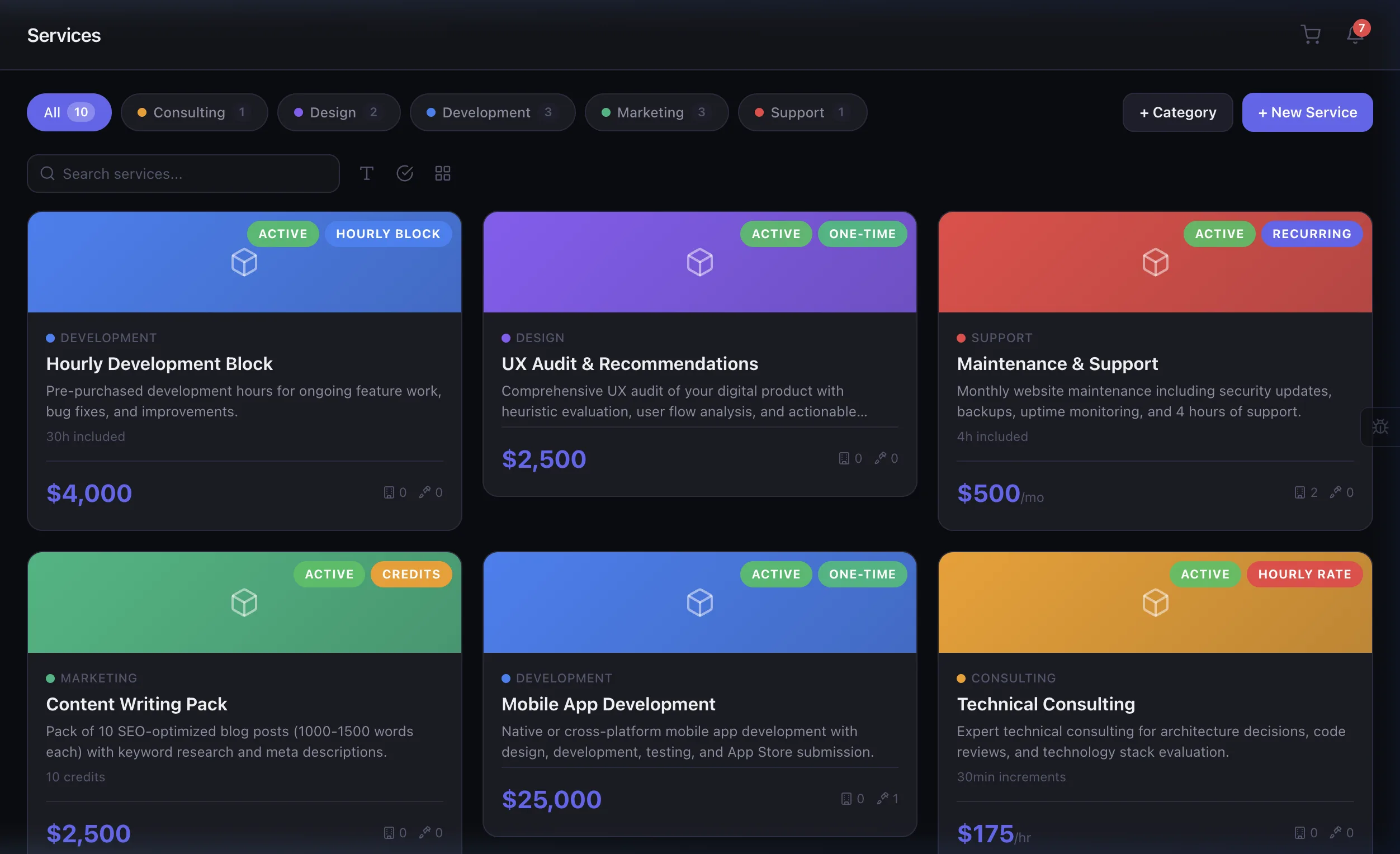 Client portal service catalog with cart, checkout, and intake forms