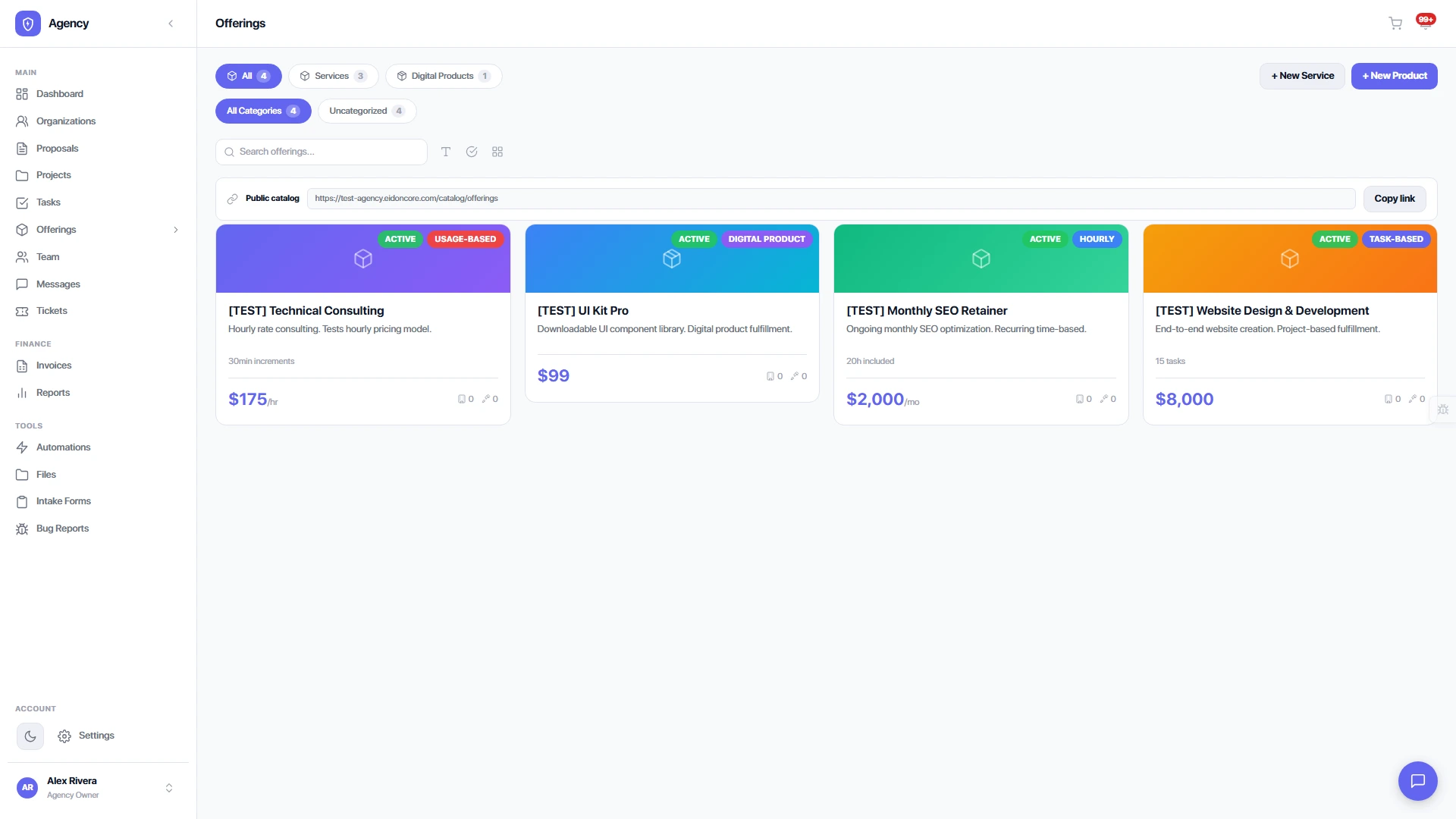 Client-facing service catalog with cart and checkout flow