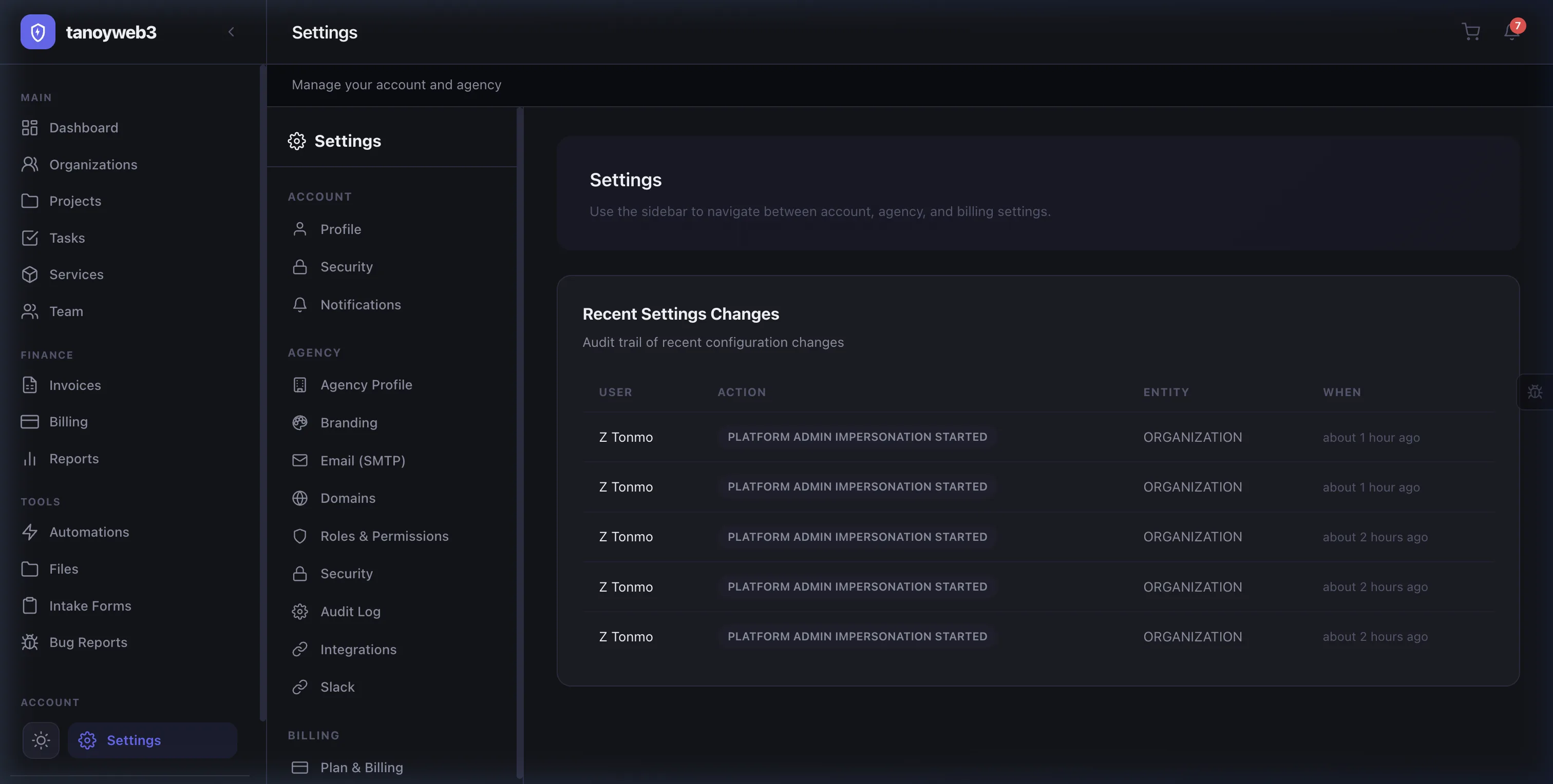 Agency settings panel with branding, SMTP, and security configuration