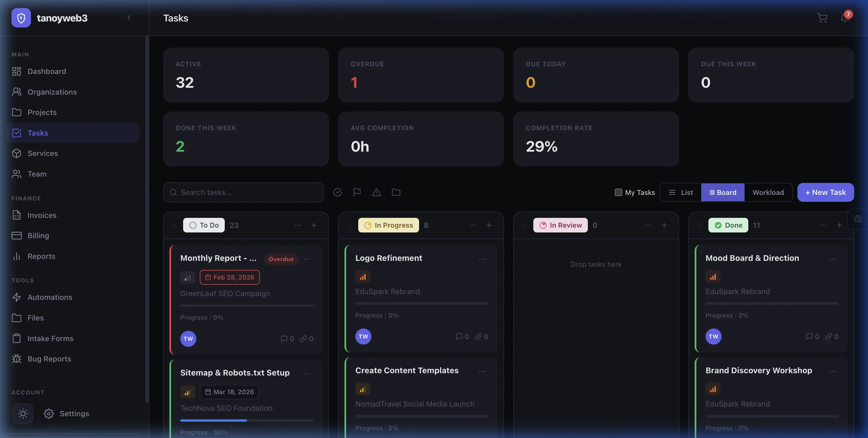 Kanban board view for task management with drag-and-drop columns