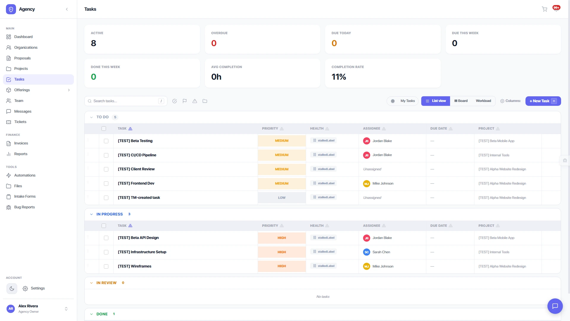 Task comments with @mentions, internal flag, activity feed, and file attachments