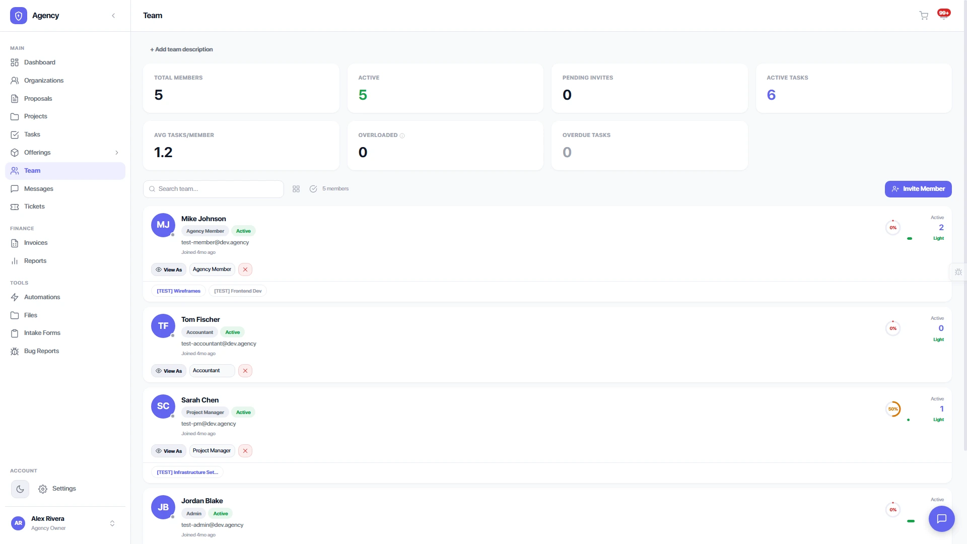 Built-in role selector with Owner, Admin, PM, Accountant, and Team Member options