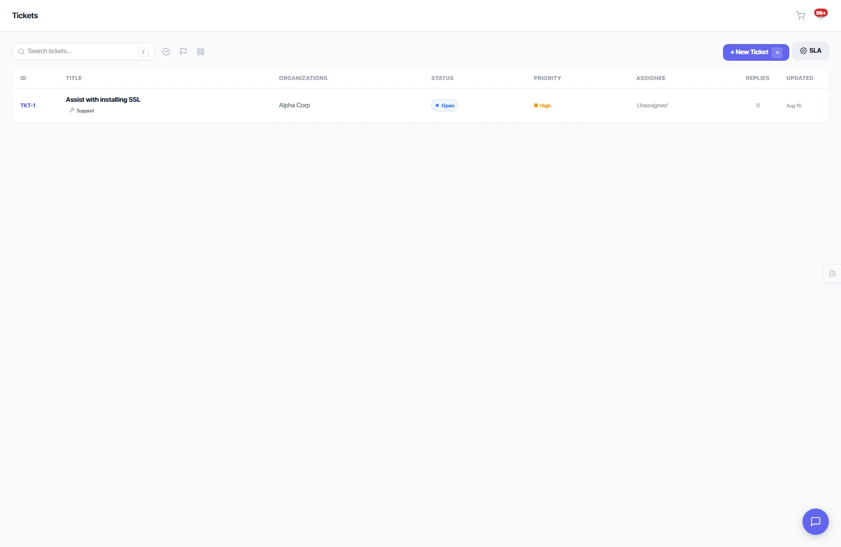 Tickets overview with client requests, status, and SLA tracking